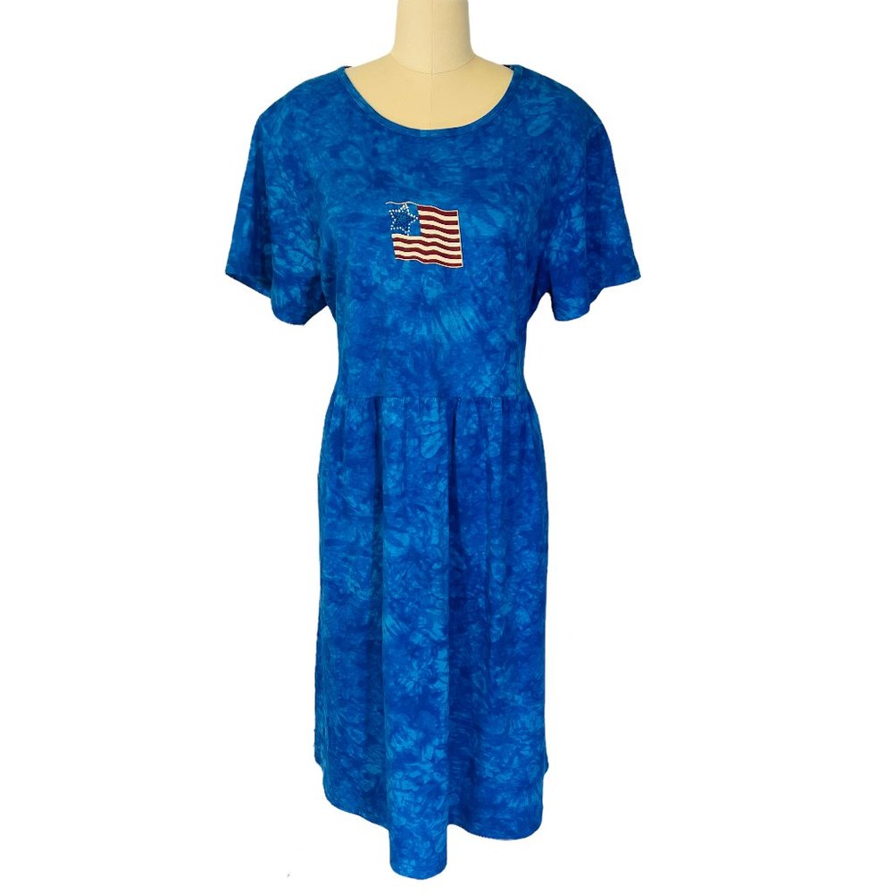 Cactus Bay Apparel Lynee Blue Tie Dye Dress American Flag Patriotic SS XXL EUC!